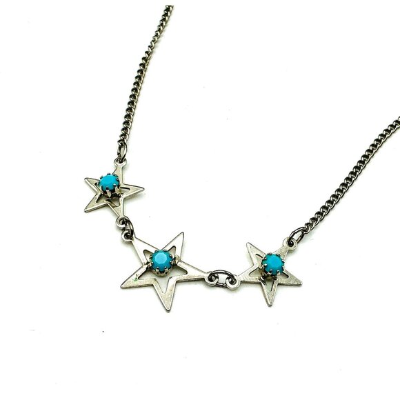 Silver Tone Necklace With Star Charms and Turquoise Accents By Paradise - Picture 1 of 5
